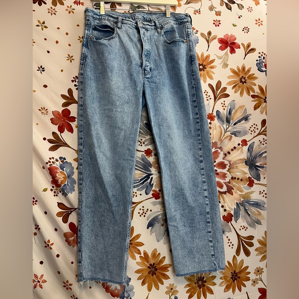 Old Navy XL/16 Stone Wash Extra Sky Hi Rise Straight Raw Hem Button Fly Jeans